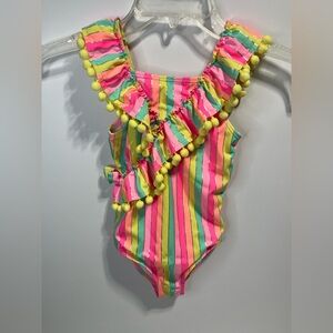 Nicole Miller One Piece Girls Size 6X Striped Ruffle Swimsuit  Pom Pom detail